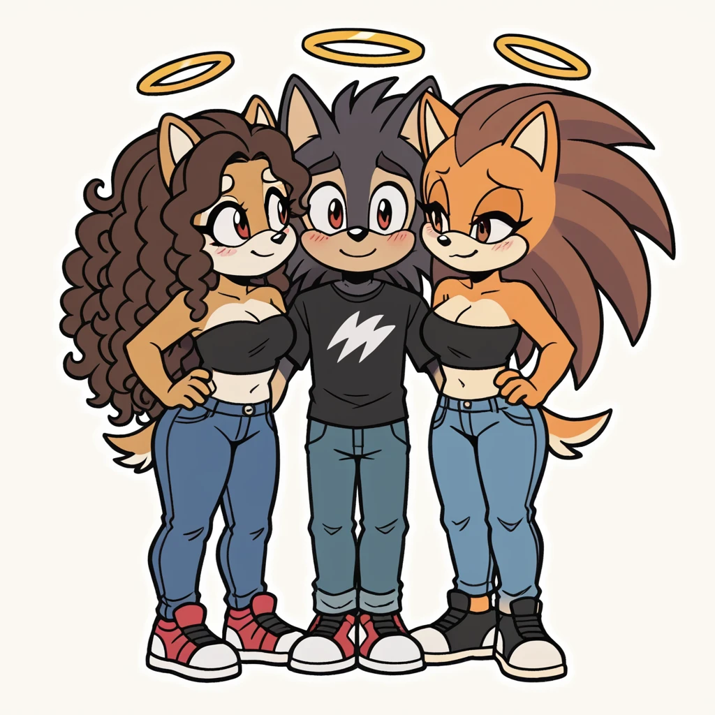 Score_9, score_8_up, 2characters, mobian, male, wolf, two tone fur(black fur, white fur), black shirt, jeans, high-top sneakers, two-tone hair (brown hair, black tip)), dreadlocks, jewelry, brown eyes, brown eyes, smile, 1girl, mobian, hedgehog, two-tone fur ((orange fur, brown fur)), pyjama elastic shorts, strapless crop top, cleavage, high-top sneakers, two-tone hair (brown hair, black tip)), curly hair, halo, sunglasses, jewelry, red eyes, longeyelashes, red eyes, smile, shy, blush, together, in love, kissing