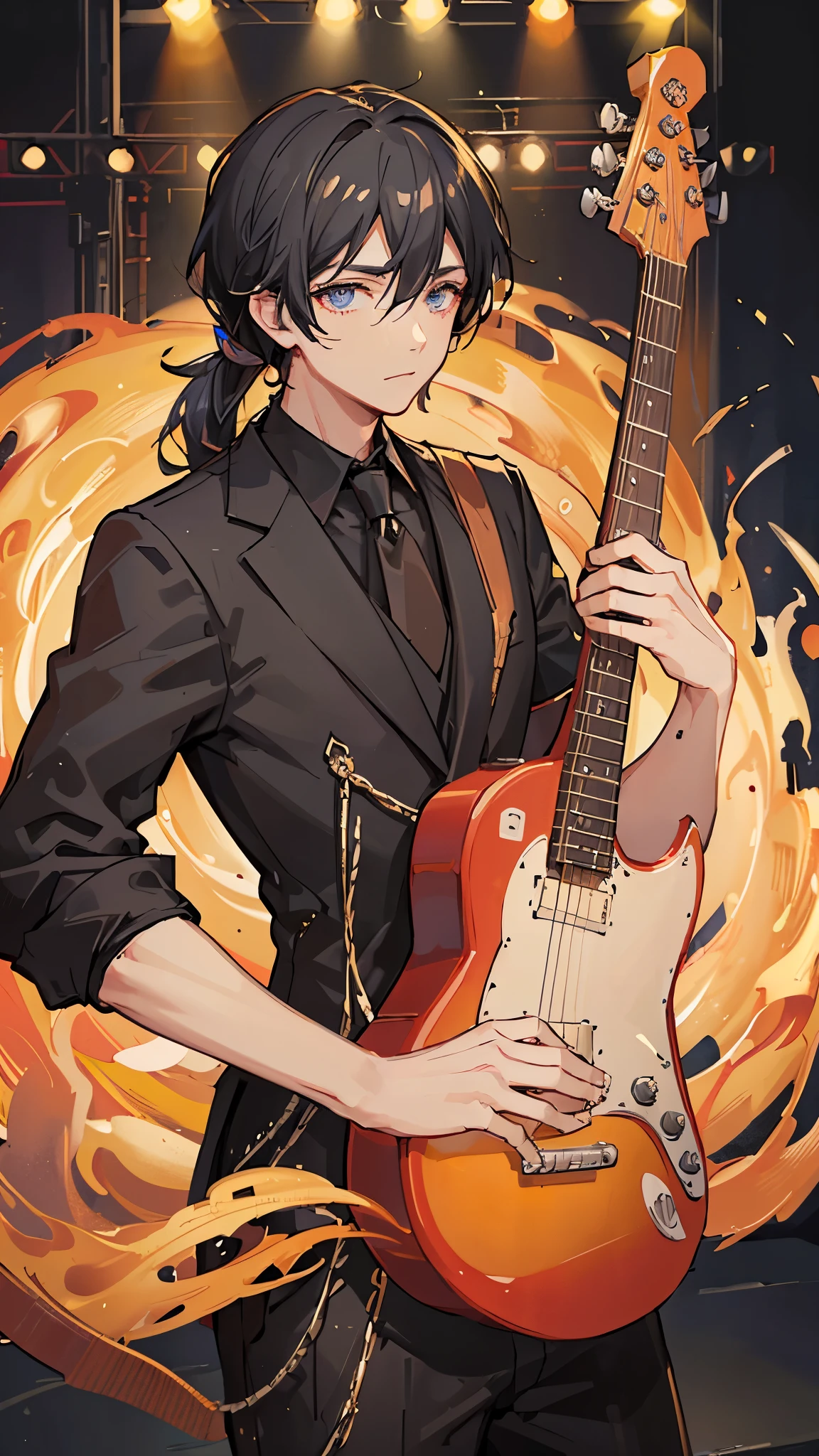 (Highest quality)), ((masterpiece)), (detailed),The background is the live stage、I have a guitar in my hand、Singer-songwriter、A man around 35 years old、A man with waist-length black hair tied back、Wearing a black suit,Eye color is a calm blue、Location: Big hall stage。