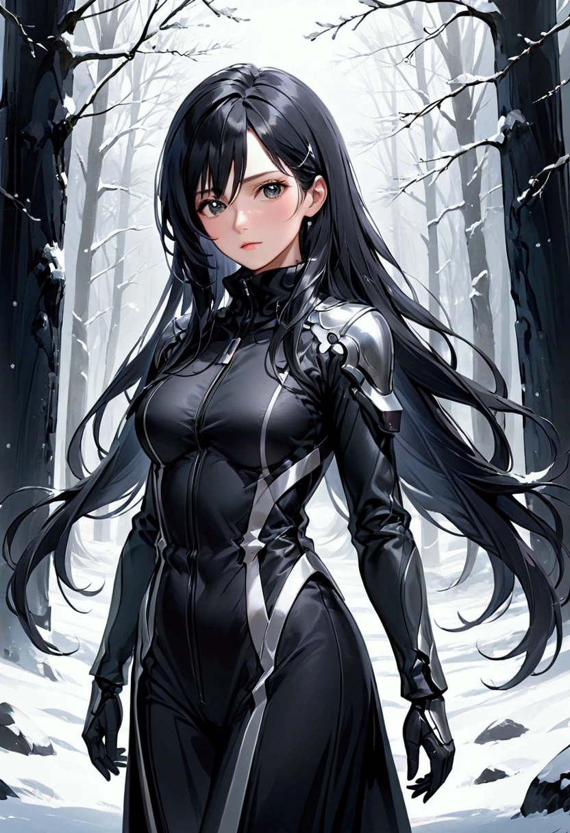 Mature Girl with long black hair with silver highlight, dark onyx eyes,tall rectangular body figure,winter wear