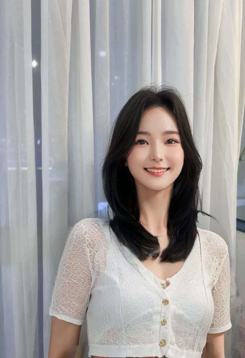 Best Quality, 8k, Masterpiece, (Portrait: 1.3), (photo realistic:1.4), (hyper realistic:1.4), Sharp Focus, looking at viewer, (smoother lighting:1.1), (increase cinematic lighting quality:0.9), realistic lighting, backlighting, light on face, ray trace, (brightening light:1.2), (Increase quality:1.4), sharp detail, (best quality real texture skin:1.4), finely detailed eyes, black_eyes, finely detailed face, 33 year old Korean woman
smiling_face
