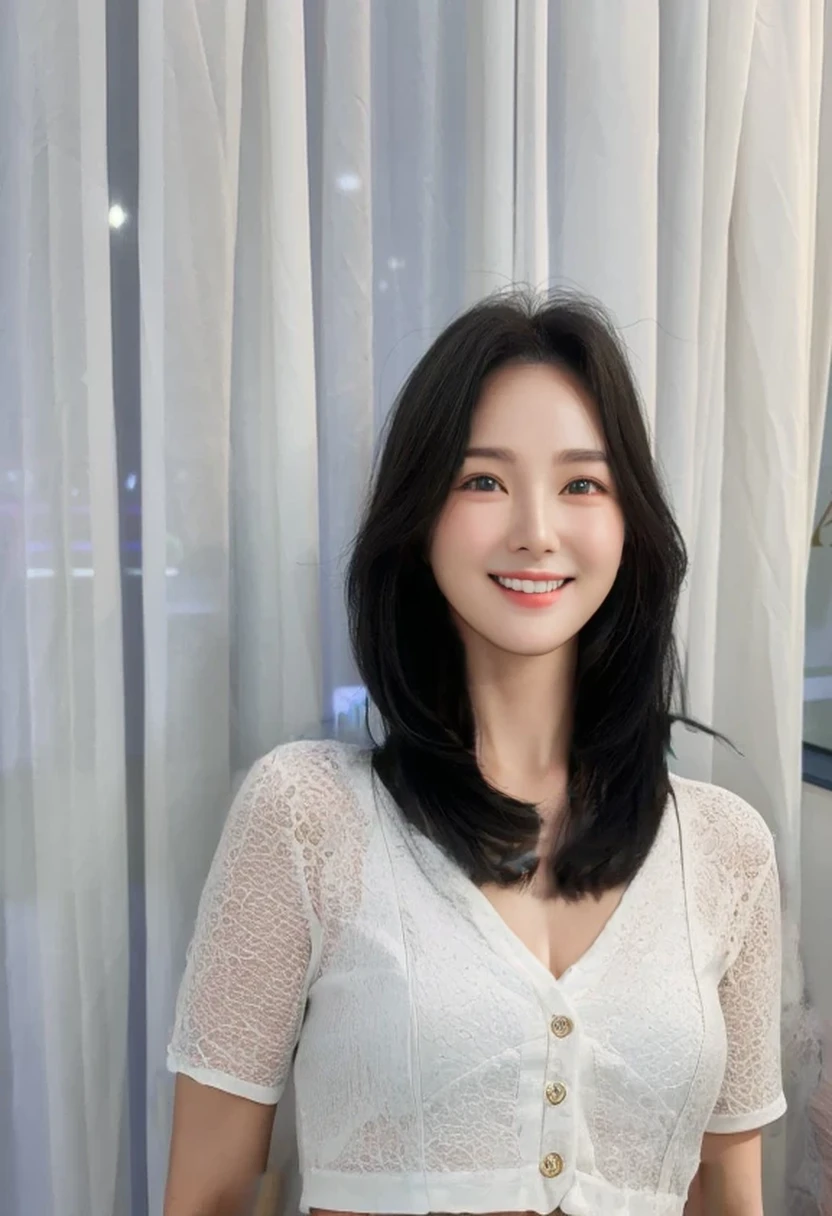 Best Quality, 8k, Masterpiece, (Portrait: 1.3), (photo realistic:1.4), (hyper realistic:1.4), Sharp Focus, looking at viewer, (smoother lighting:1.1), (increase cinematic lighting quality:0.9), realistic lighting, backlighting, light on face, ray trace, (brightening light:1.2), (Increase quality:1.4), sharp detail, (best quality real texture skin:1.4), finely detailed eyes, black_eyes, finely detailed face, 33 year old Korean woman
smiling_face
