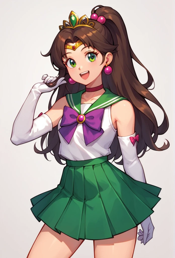 score_9, score_8_up, score_7_up,score_6_up, score_5_up, score_4_up , 1girl, solo, aajupiter, long hair, brown hair, ponytail, hair bobbles, tiara, earrings, green eyes, green choker, green sailor collar, pink bowtie, white shirt, elbow gloves, white gloves, green skirt, pleated skirt, bare legs, aamars, long hair, black hair, tiara, earrings, red choker, red sailor collar, purple bowtie, white shirt, elbow gloves, white gloves, pleated skirt, red skirt, bare legs, happy, cowboy shot, simple background