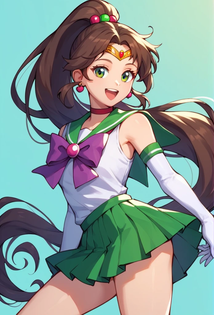 score_9, score_8_up, score_7_up,score_6_up, score_5_up, score_4_up , 1girl, solo, aajupiter, long hair, brown hair, ponytail, hair bobbles, tiara, earrings, green eyes, green choker, green sailor collar, pink bowtie, white shirt, elbow gloves, white gloves, green skirt, pleated skirt, bare legs, aamars, long hair, black hair, tiara, earrings, red choker, red sailor collar, purple bowtie, white shirt, elbow gloves, white gloves, pleated skirt, red skirt, bare legs, happy, cowboy shot, simple background