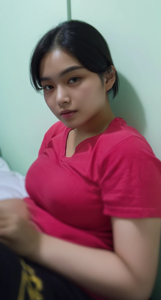 there is a woman sitting on a bed with a cell phone, south east asian with round face, photo of the girl, portrait of modern darna, photo of a woman, with very thin lips, with round face, potrait, face picture, close up potrait, with accurate face, taken with sony alpha 9, picture, with short hair, big bobs, bobs, perfect breast, perfect bobs, a women no bra, no bra, Nipple, a transparant t-shirt, transparant dress, No Bra, 1 girl with no bra,