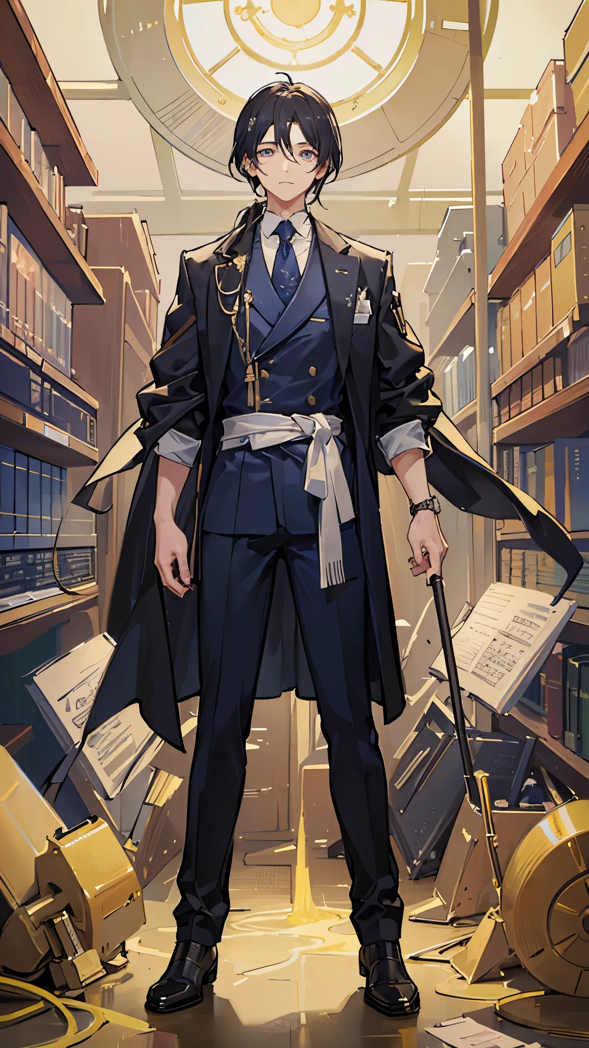 (Highest quality)), ((masterpiece)), (detailed),Background is the research institute、I have documents in my hand、Researcher、A man around 35 years old、A man with waist-length black hair tied back、Wearing a white lab coat,Eye color is a calm blue、Where to Find Them Lab。