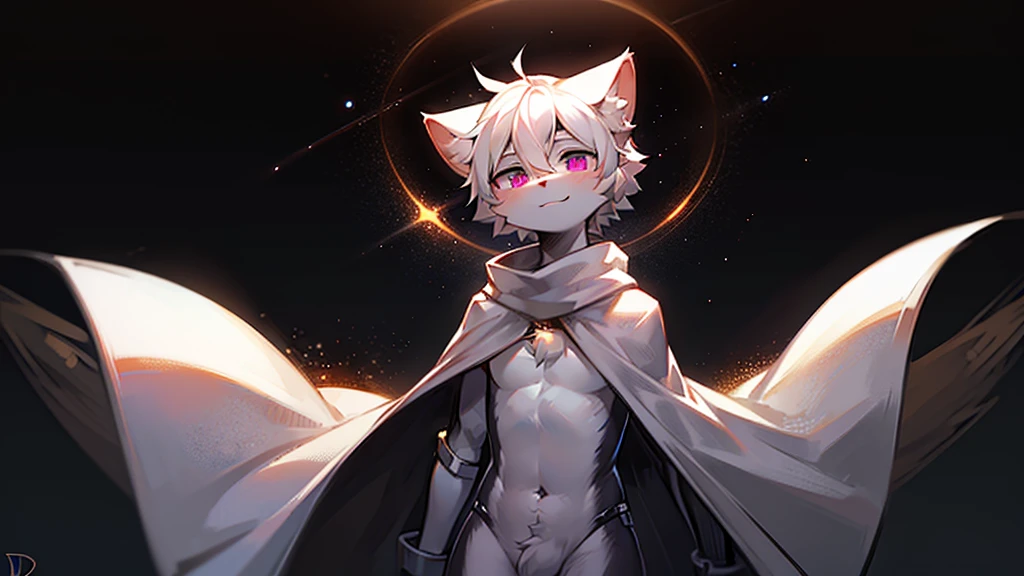 The background is a black hole，The background occupies most of the picture，Vision，Male cats，Pure white hair，Wearing a white cape，Firm eyes，Look straight ahead at your front，Don&#39;t look at the camera，A white wing，Frowning，Heterochromia，hairy，Pure white hands，White coat，No other decorations，Off-white shorts，Casual wear，Open hands，Point ahead，Fly in the air，Surrounded by a circle of light， style