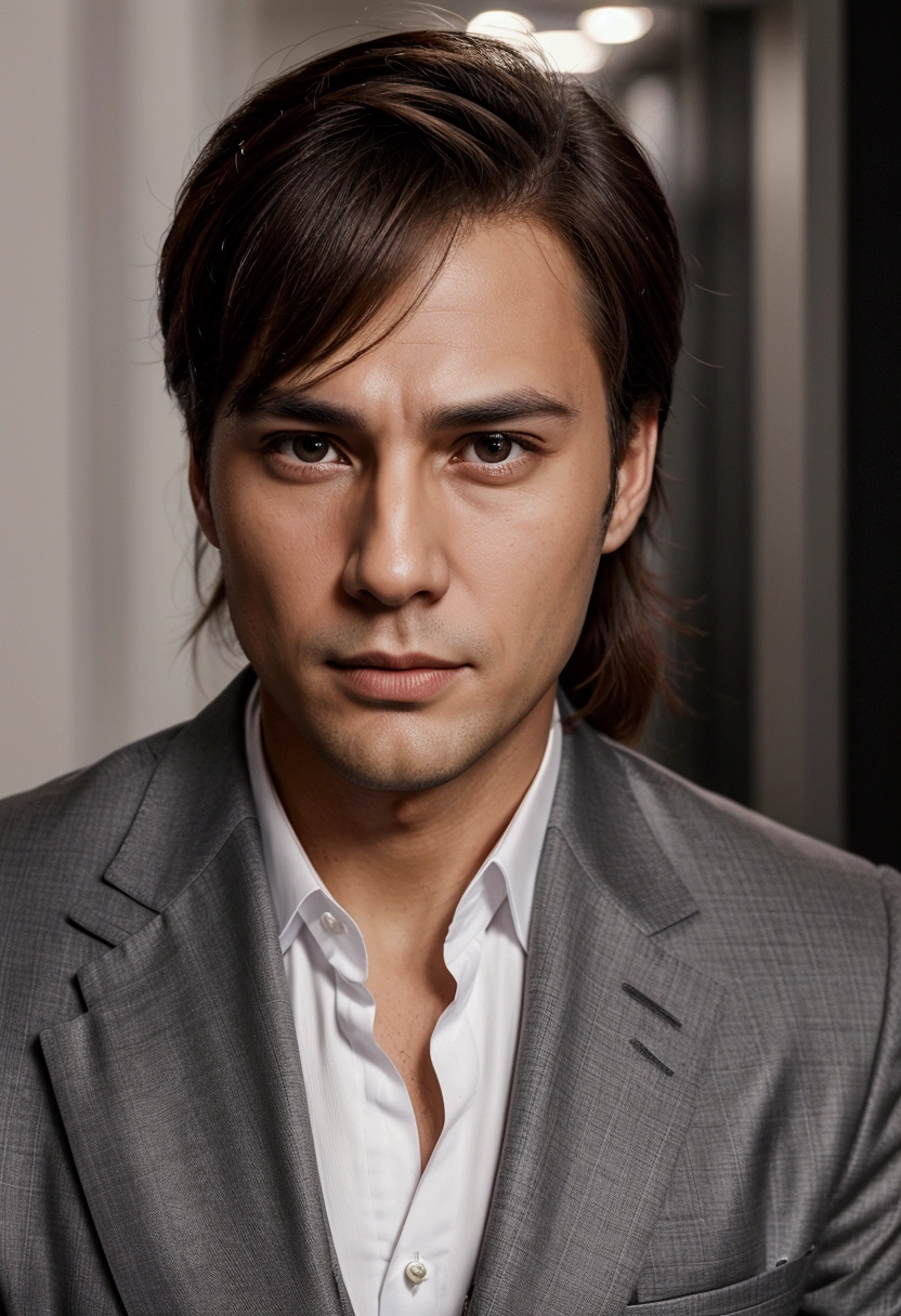 Generate me a handsome businessman gossip in portrait looking directly at the camera