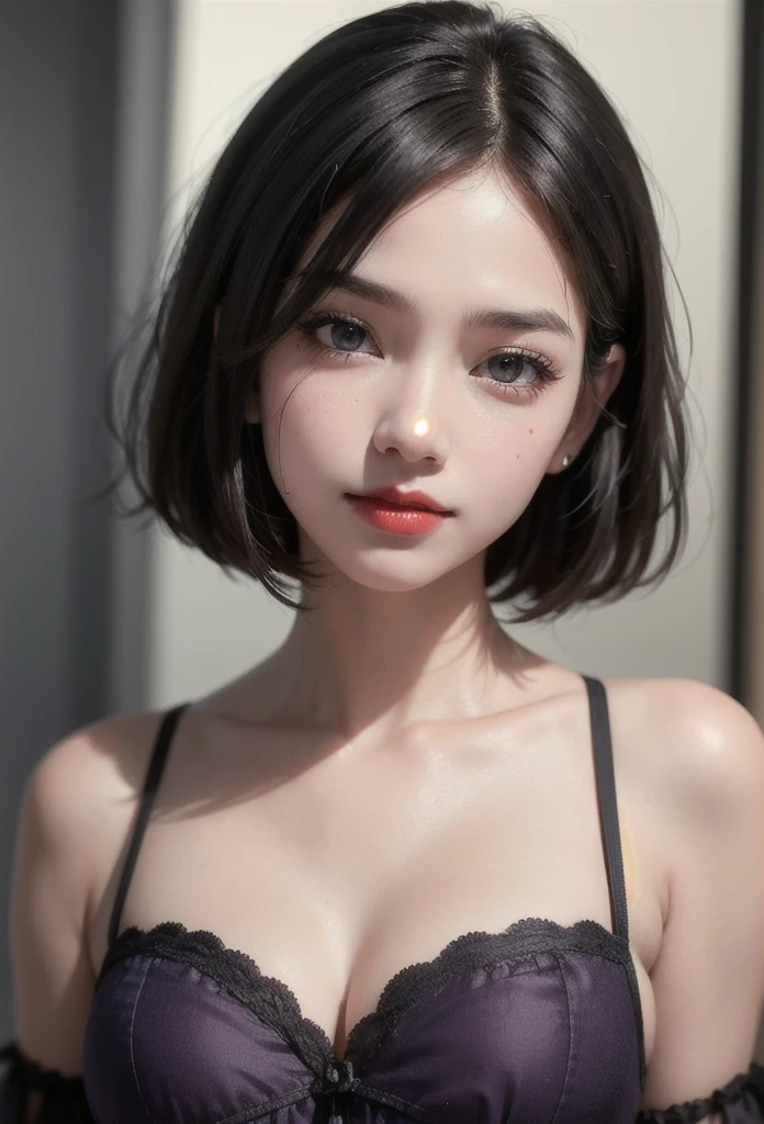 1 girl, 19 years old, south korean, 4k, masterpiece, realistic, realistic textures, frekles under eyes, short whavy black hair, bob haircut, shining purple eyes, detailed pupils, bright red lips, red eyeliners, off-shoulder top, discovered breast, gigant breast, happy, big smile, closed mouth, shrugging shoulders, multiple of frekles under eyes, detailed face, detailed eyes, facing camera, bright colors, close up, face focus.