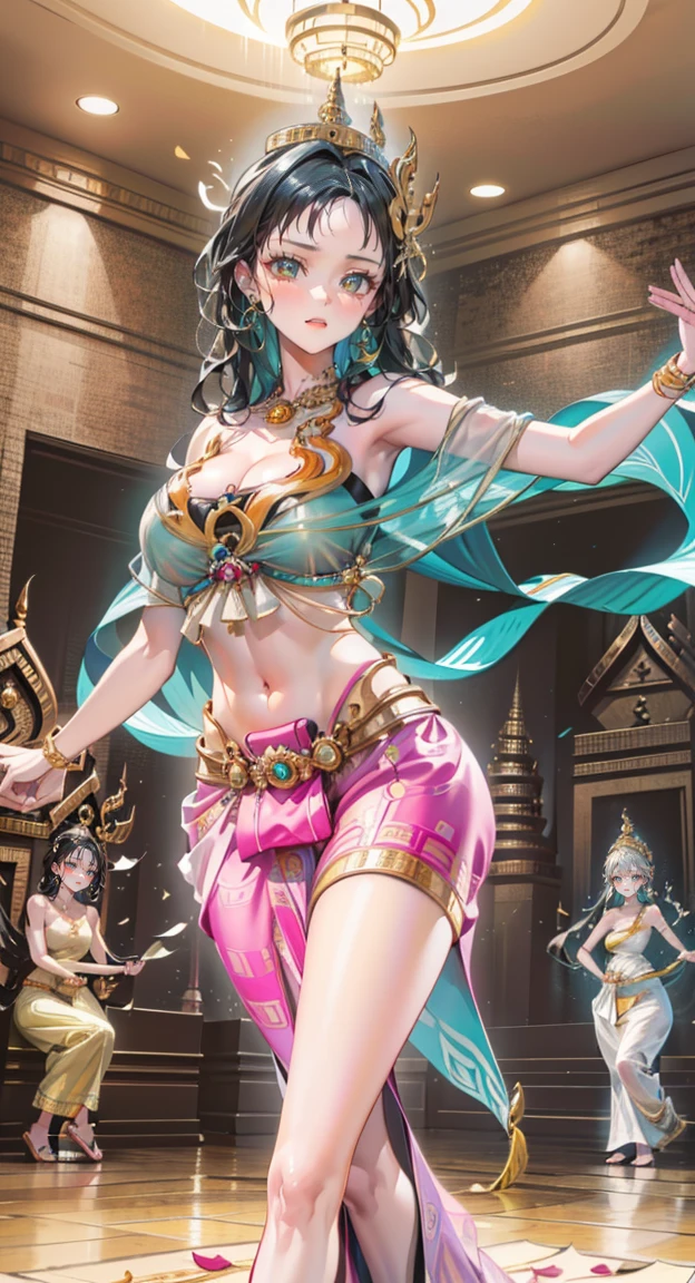 4K,Professional drawing with colored pencils. geisha, With a strange expression on his face and a large knife in his hand.... Japanese and European style. nuanced color, Contrasting colors. Some graffiti and vector art styles. ((best quality)),การNavel drive, (large areolae:1.4,pink,The nipples are clearly visible.....),(I divided it into two colors..,The fur on the left side is white..,The hair on the right side is black..),Traditional Thai long skirt,gold jewelry on the chest,(seductive pose),(Complete breasts:1.4) Group of 5 princesses,(6 young women,many young women),((((((Navel drive,dance,dance,Thai dance)))))