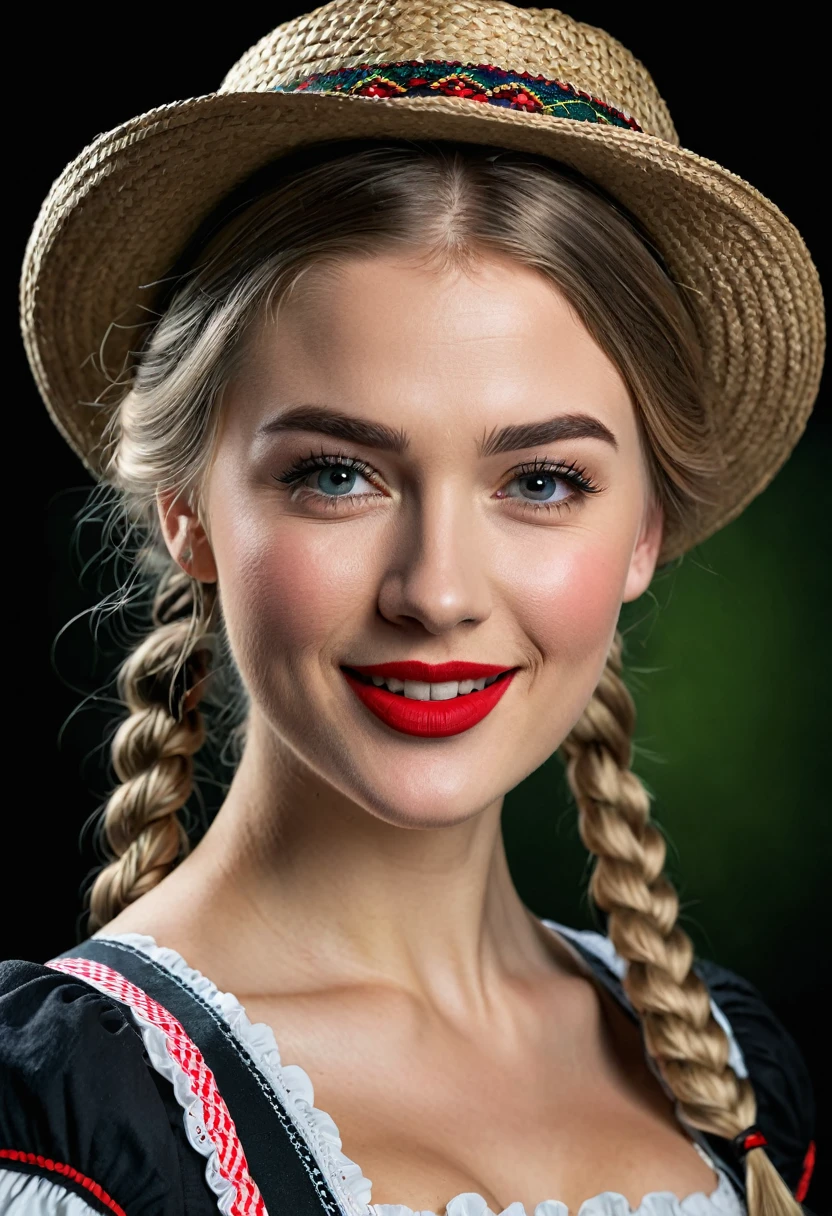 a young woman in a dirndl dress, farmer's braid, bollenhut hat, winking with one eye, red lipstick, dark background, Black Forest, tourist information poster, detailed face, detailed clothing, intricate details, (best quality,4k,8k,highres,masterpiece:1.2),ultra-detailed,(realistic,photorealistic,photo-realistic:1.37),vivid colors,studio lighting,professional illustration