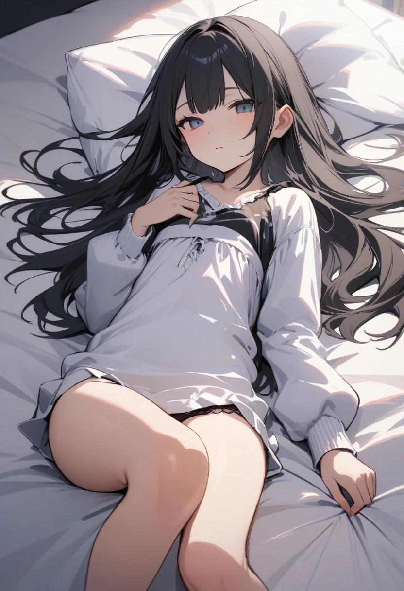 high quality, 最high quality、 Stylish design, (((The cutest girl))), ((Thin legs))、(((最high quality))), High resolution, ((detailed)), ((masterpiece)), ((Super detailed)), 14-year-old girl、(Black Hair、Inner Color）、((Lie on your back in bed)),((Light clothing,underwear)),((Sexual)),(((Shyness)))