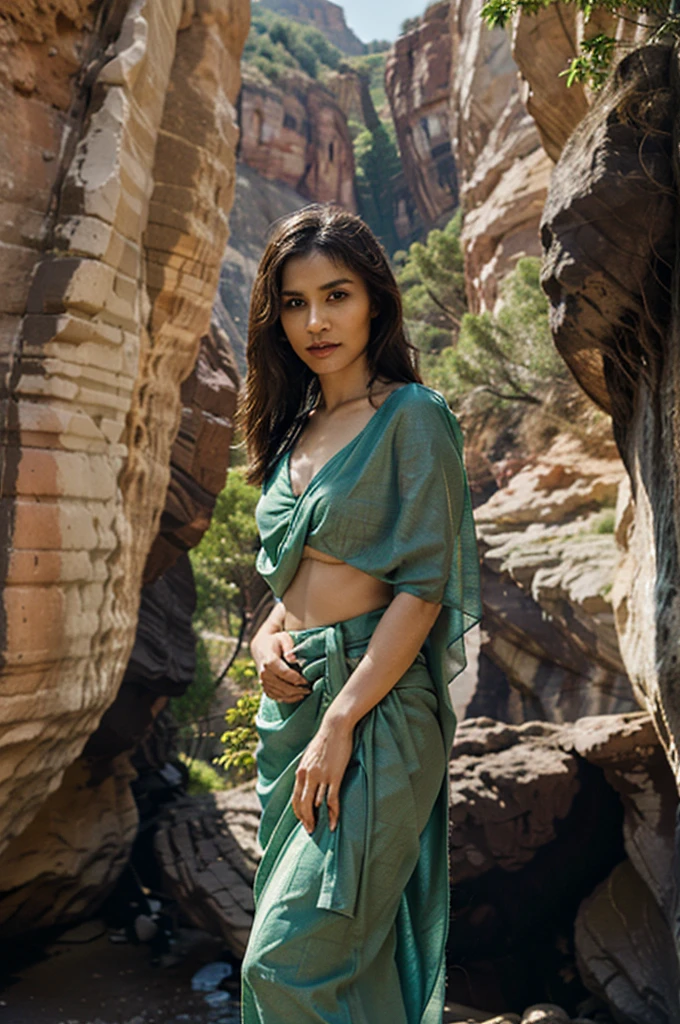woman pose elegantly, wearing sari, woman standing at the cliff, background canyon 