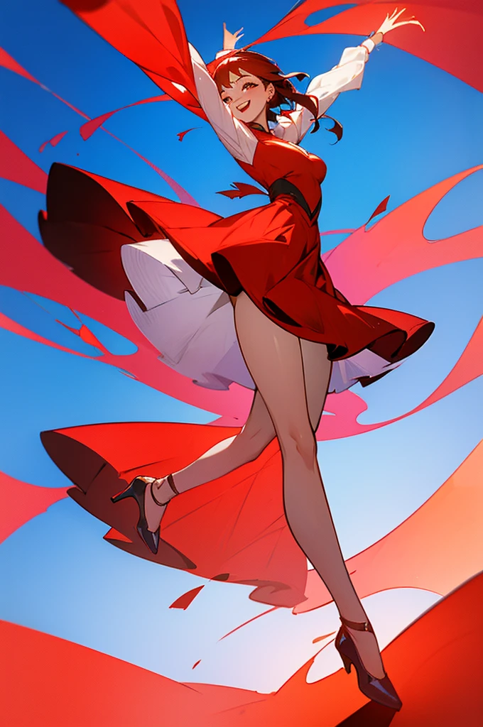 Beautiful young girl in red dress on full blue background, girl dancing, her hands move upwards , she smiles and laughs, vertical video,