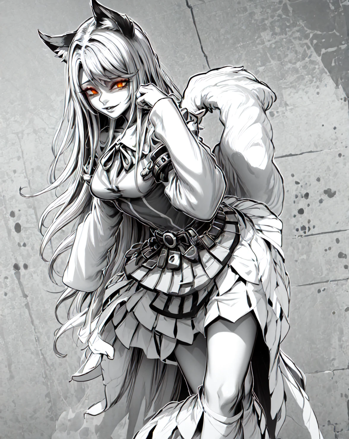 Ahri, Ahri_(league_of_legends), 1 girl, absurdities, animal_ears, negro_hair, separate_sleeves, to distribute, facial_Brand, zorro_ears, zorro_cola, thousand_above, High resolution, league_of_legends, long_hair, traje of esquiar, magic, multiple_colas, white_colas, orange_eyes, separate_Lips, Alone, of pie, cola, full_body, brazos oftrás of la espalda