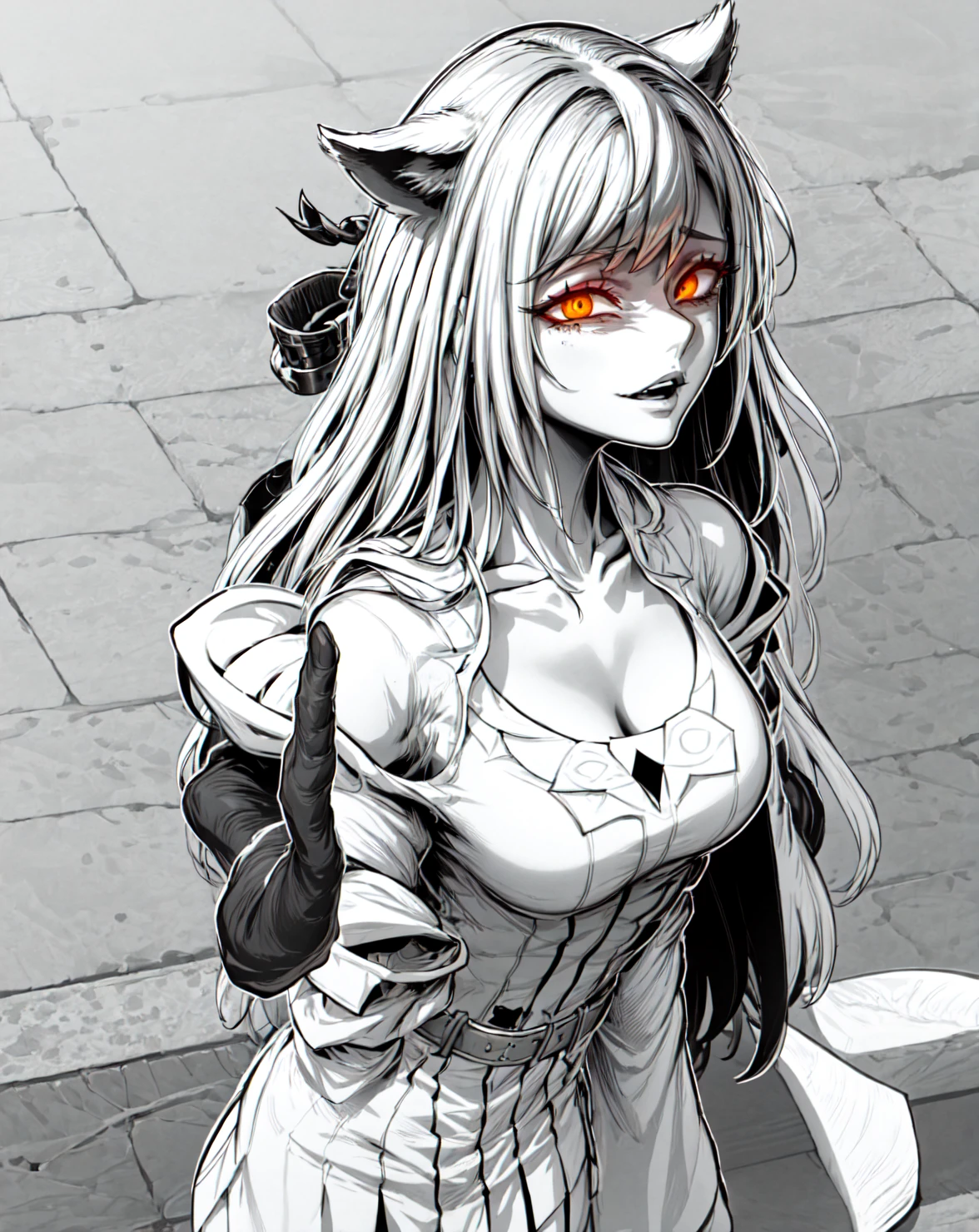 Ahri, Ahri_(league_of_legends), 1 girl, absurdities, animal_ears, negro_hair, separate_sleeves, to distribute, facial_Brand, zorro_ears, zorro_cola, thousand_above, High resolution, league_of_legends, long_hair, traje of esquiar, magic, multiple_colas, white_colas, orange_eyes, separate_Lips, Alone, of pie, cola, full_body, brazos oftrás of la espalda
