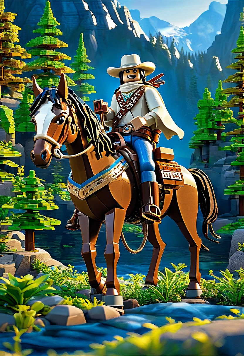 Magazine cover，best quality, very good, 16K, ridiculous, Very detailed, Western Cowboy，Made of Lego, （（wilderness））（（A masterpiece full of fantasy elements）））， （（best quality））， （（Intricate details））（8K）