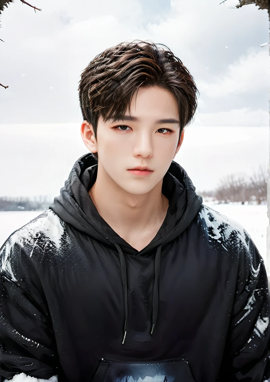 a handsome boy in a torn black hoodie, wolf ear cosplay, snow landscape, kpopboyband, detailed facial features, highly detailed, hyper realistic, cinematic lighting, dramatic lighting, moody colors, dark atmosphere, fantasy art