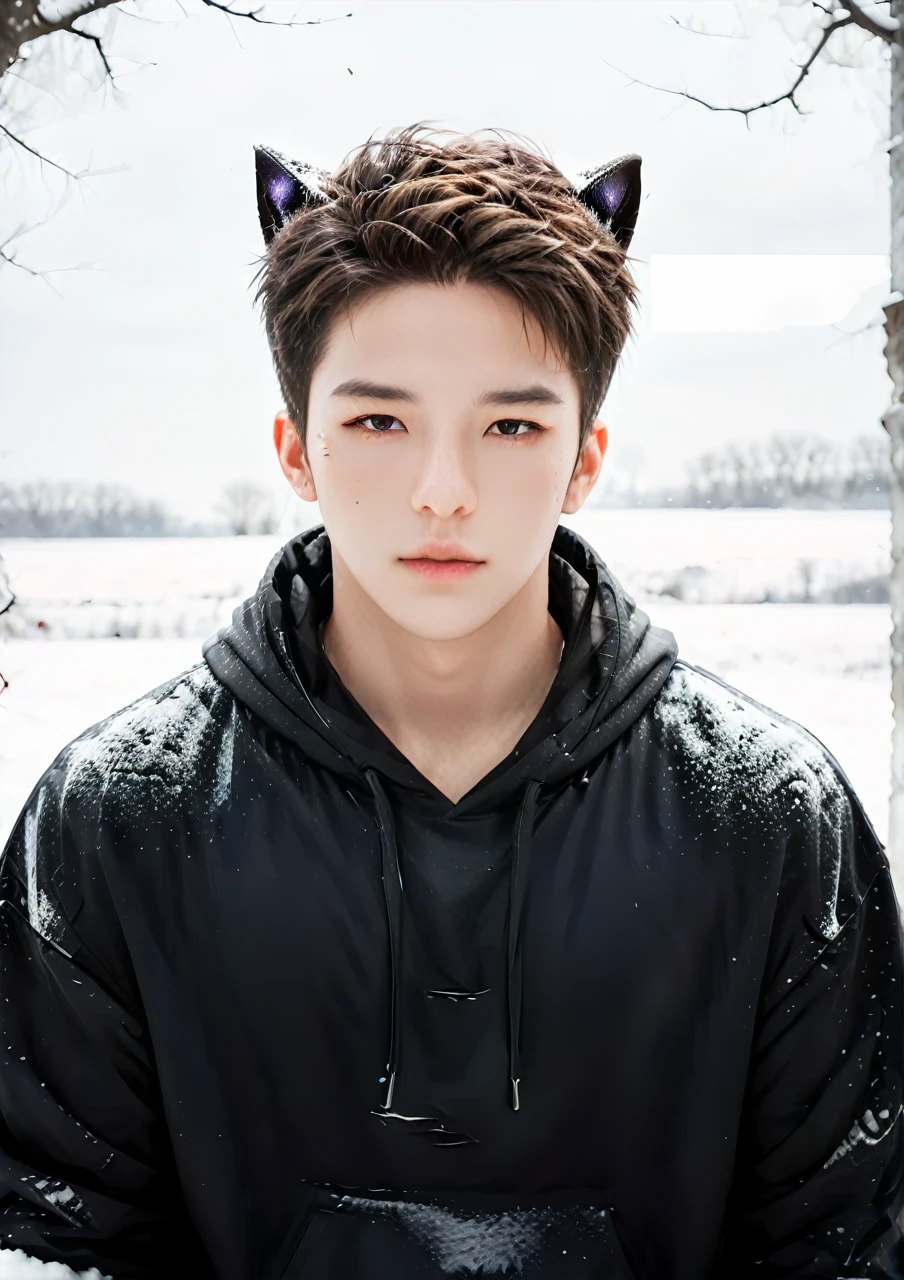 a handsome boy in a torn black hoodie, wolf ear cosplay, snow landscape, kpopboyband, detailed facial features, highly detailed, hyper realistic, cinematic lighting, dramatic lighting, moody colors, dark atmosphere, fantasy art