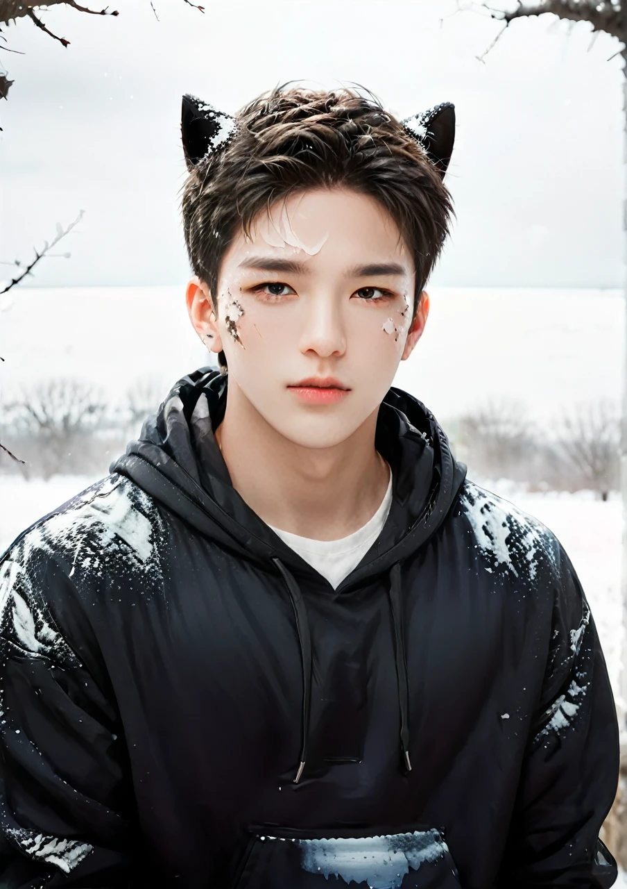 a handsome boy in a torn black hoodie, wolf ear cosplay, snow landscape, kpopboyband, detailed facial features, highly detailed, hyper realistic, cinematic lighting, dramatic lighting, moody colors, dark atmosphere, fantasy art