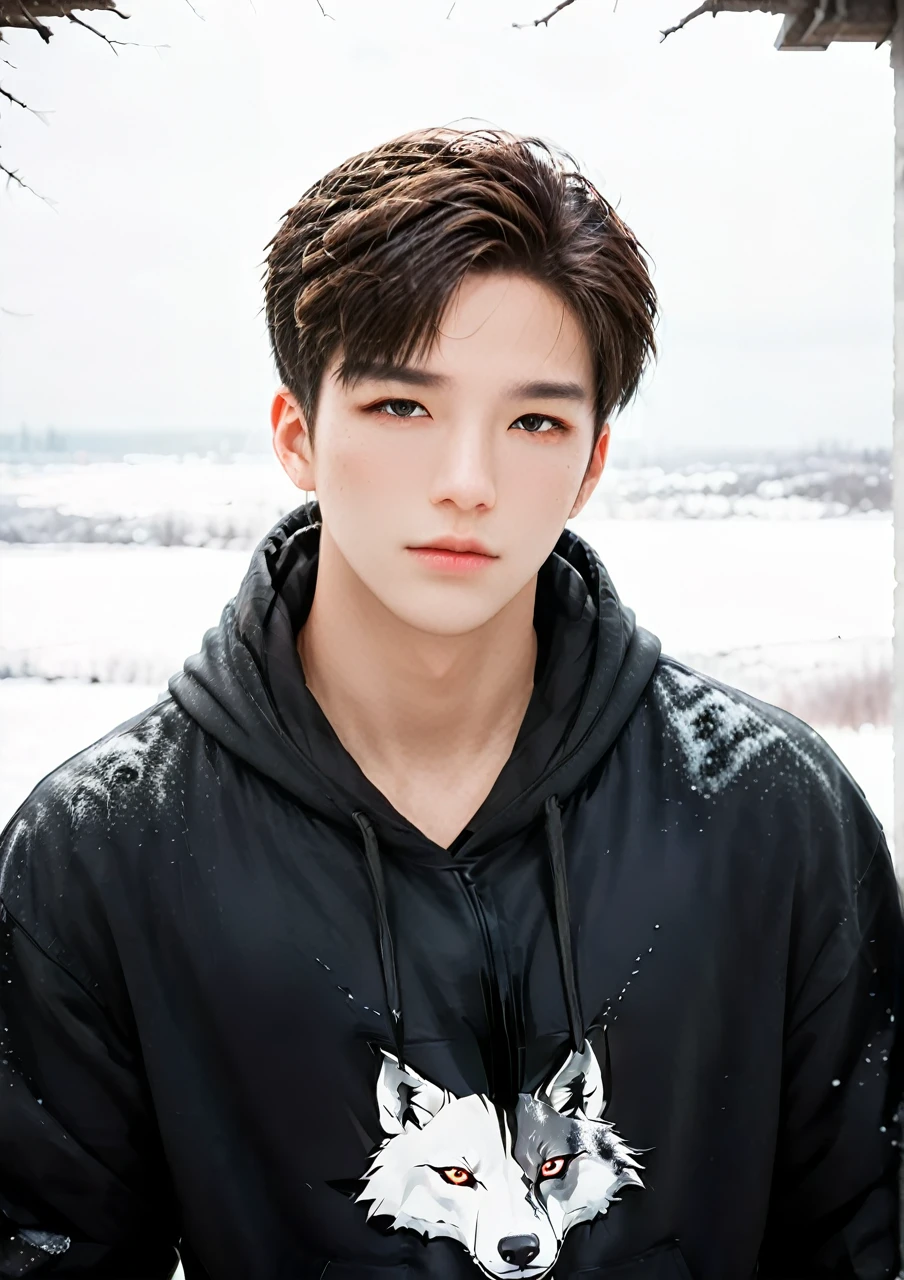 a handsome boy in a torn black hoodie, wolf ear cosplay, snow landscape, kpopboyband, detailed facial features, highly detailed, hyper realistic, cinematic lighting, dramatic lighting, moody colors, dark atmosphere, fantasy art