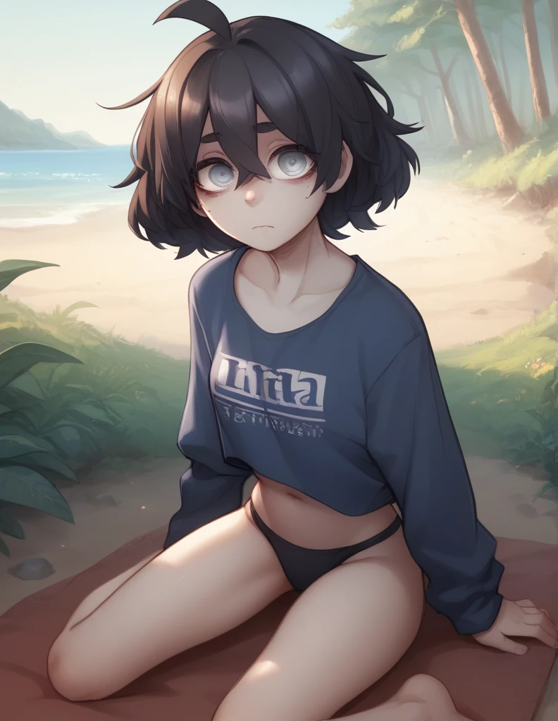 1 girl, alone, ppka, black fur, short hair, messy fur, Ahoge, parts, parts por todo el cuerpo, grey eyes, blind eyes, pretty eyes, a little nervous, looking at the viewer, sexy look, hippie, forest,
swimsuit, Long sleeve shirt, libra shirt, blue shirt, black bikini,
position in 4,
playing in the beach, arena, Mar,
masterpiece, Super detailed,
pale skin, clear skin