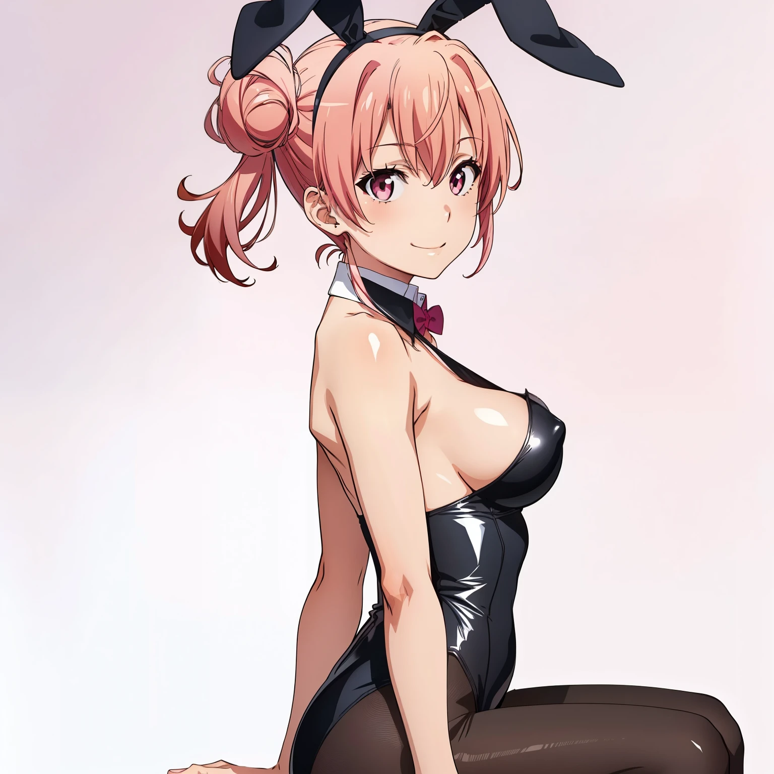 ((masutepiece, Best Quality, hight resolution, nffsw, Perfect Pixel, depth of fields, 4K, )), 1girl in, Solo, , Beautiful anime girl, Beautiful Art Style, close up, Looking at Viewer, Perfect body, side shot, Yuigahama Yui, Short hair, pink hair, pink eyes, hairbun, (large boob), side boob, sitting, black playboy bunny outfit, smile, hands on thighs, blank white background