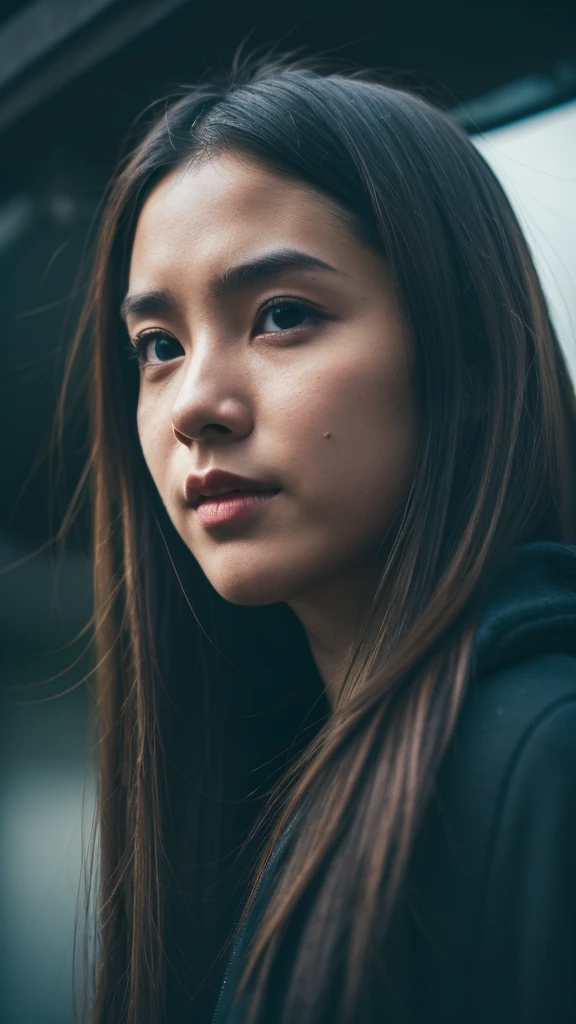 1 girl, detailed face, Ruined Tokyo, A dreamy dark day, foggy atmosphere, Faint accent lights, masterpiece, best quality, ultra detailed, photorealistic, raw photo