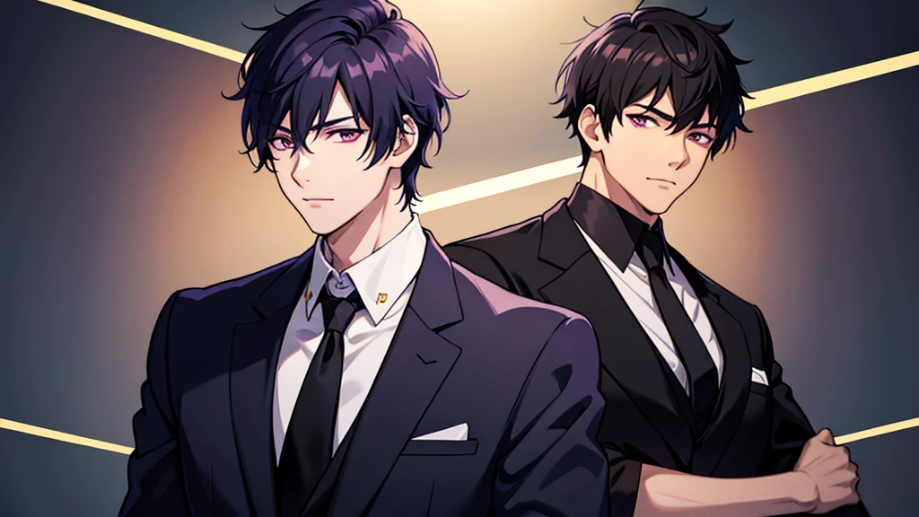 male, Black Hair, Short Hair, Purple Eyes, Black jacket, Yellow tie, Purple Shirt, anime, Cinema Lighting, UHigh resolution, masterpiece, Accurate, Anatomically correct, Super Detail, high quality, 1080P, 8k, High resolution