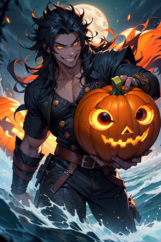 High school werewolf boy, smiling with fangs, orange glowing eyes, long curl single tied hair, many floating pumpkin spirit, magic werewolf and cyperpunk warlock hybrid, midnight blue