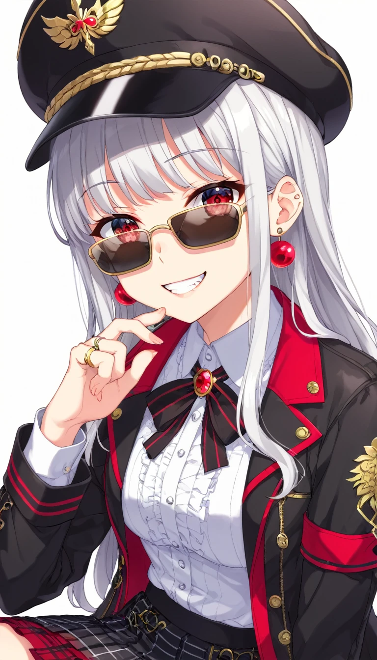 One Girl, alone, Long Hair, View your audience, smile, bangs, エナメル生地のJacket, A skirt in pastel colors made of patent leather、Digging into the skin、Bite、Red eyes,White hair in the eye、Shining beautiful eyes、Long sleeve, Boater Hat、jewelry, Sitting, Jacket, Upper Body, Silver Hair、 earrings, Glasses, teeth, Grin, open Jacket, Earrings, sunGlasses, ring, ear Earrings,色付きGlasses, White Background、White Background