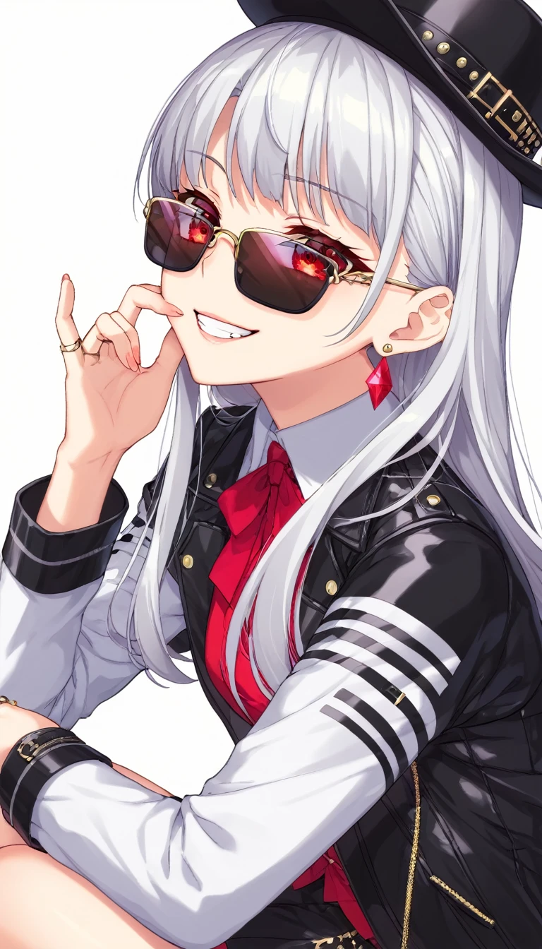 One Girl, alone, Long Hair, View your audience, smile, bangs, エナメル生地のJacket, A skirt in pastel colors made of patent leather、Digging into the skin、Bite、Red eyes,White hair in the eye、Shining beautiful eyes、Long sleeve, Boater Hat、jewelry, Sitting, Jacket, Upper Body, Silver Hair、 earrings, Glasses, teeth, Grin, open Jacket, Earrings, sunGlasses, ring, ear Earrings,色付きGlasses, White Background、White Background