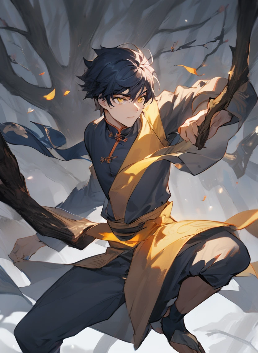 young man ,Male Dark, dark Woods, dark blue colors, monk dnd, man with yellow eye, kungfu costume style,