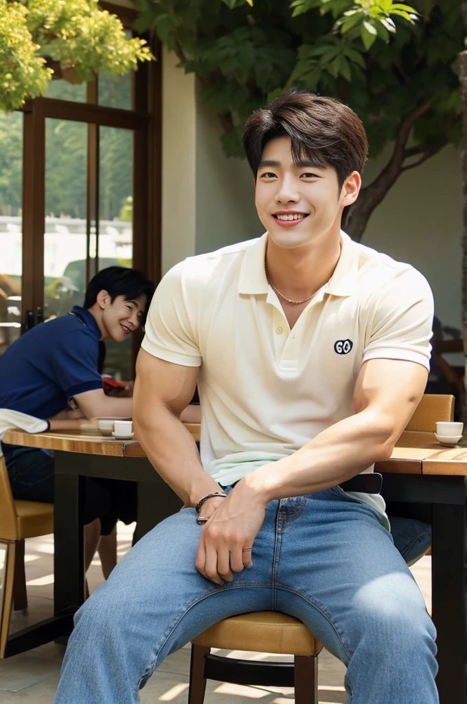 ((realistic daylight)) , (Young Korean man in a polo shirt) , Jeans, A handsome, muscular young Asian man looks at the camera. , In the dining table, outdoors,turn sideways, smile