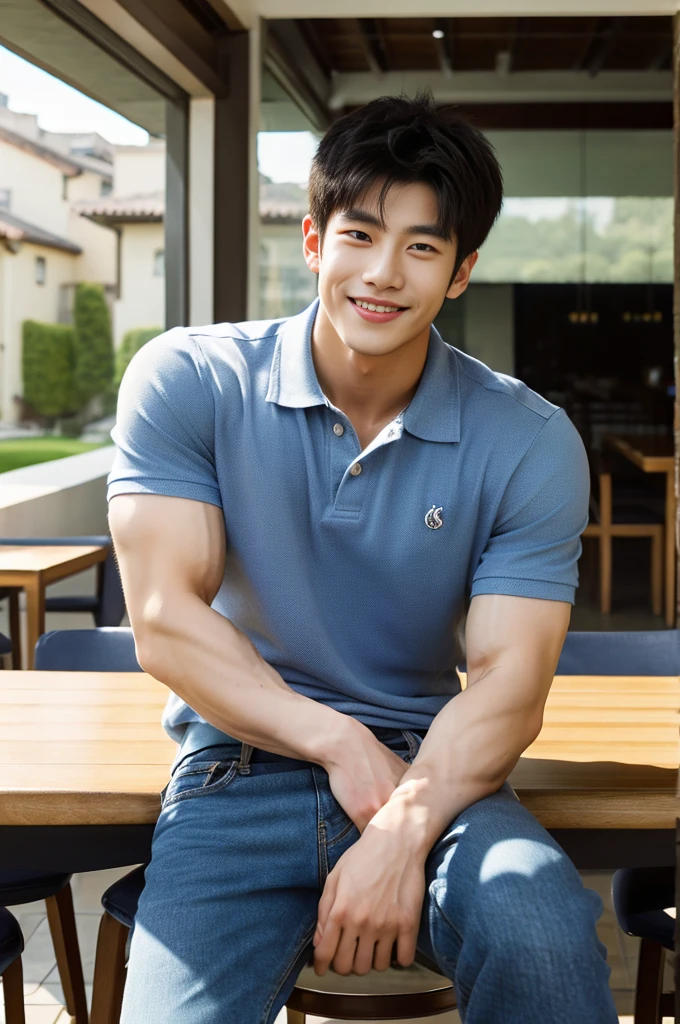 ((realistic daylight)) , (Young Korean man in a polo shirt) , Jeans, A handsome, muscular young Asian man looks at the camera. , In the dining table, outdoors,turn sideways, smile