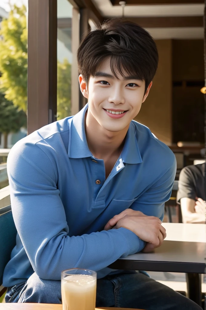 ((realistic daylight)) , (Young Korean man in a polo shirt) , Jeans, A handsome, muscular young Asian man looks at the camera. , In the dining table, outdoors,turn sideways, smile