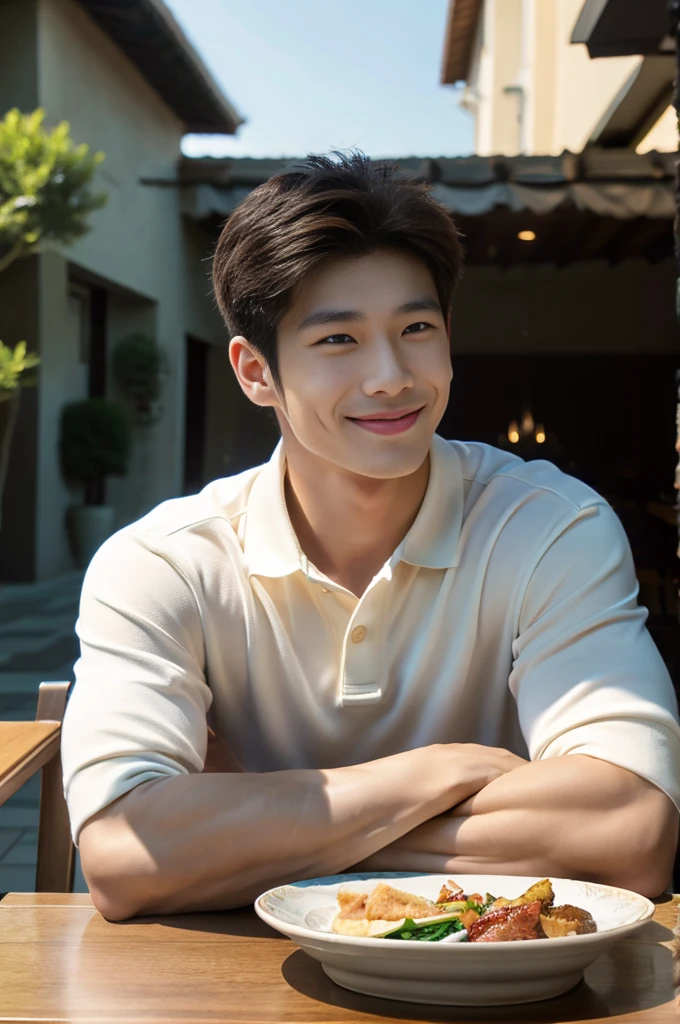 ((realistic daylight)) , (Young Korean man in a polo shirt) , Jeans, A handsome, muscular young Asian man looks at the camera. , In the dining table, outdoors,turn sideways, smile