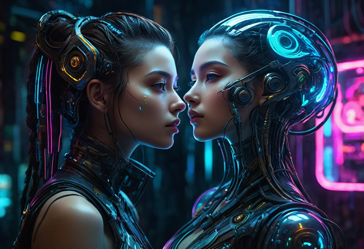 1girl, surreal fantasy creature, intricate biomechanical details, glowing cyberpunk elements, ethereal atmosphere, vibrant neon colors, dramatic chiaroscuro lighting, (best quality,4k,8k,highres,masterpiece:1.2),ultra-detailed,(realistic,photorealistic,photo-realistic:1.37),digital art, concept art, cinematic composition