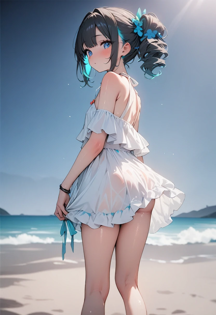 high quality, 最high quality、 Stylish design, (((The cutest girl))), ((Thin legs))、(((最high quality))), High resolution, ((detailed)), ((masterpiece)), ((Super detailed)), 18-year-old girl、(Inner color hairstyle)),((Sexy summer clothes)),((Sexual))