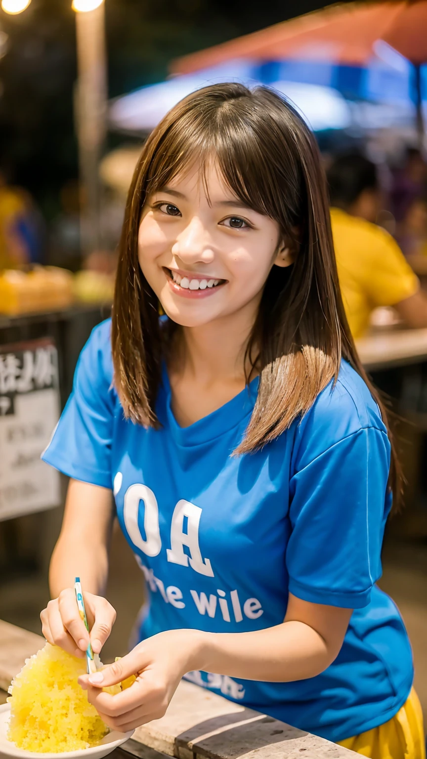 (masterpiece, Best Quality), 1 girl in, smile, Session, looking at the viewer, Eat shaved ice, at the food stall, evening