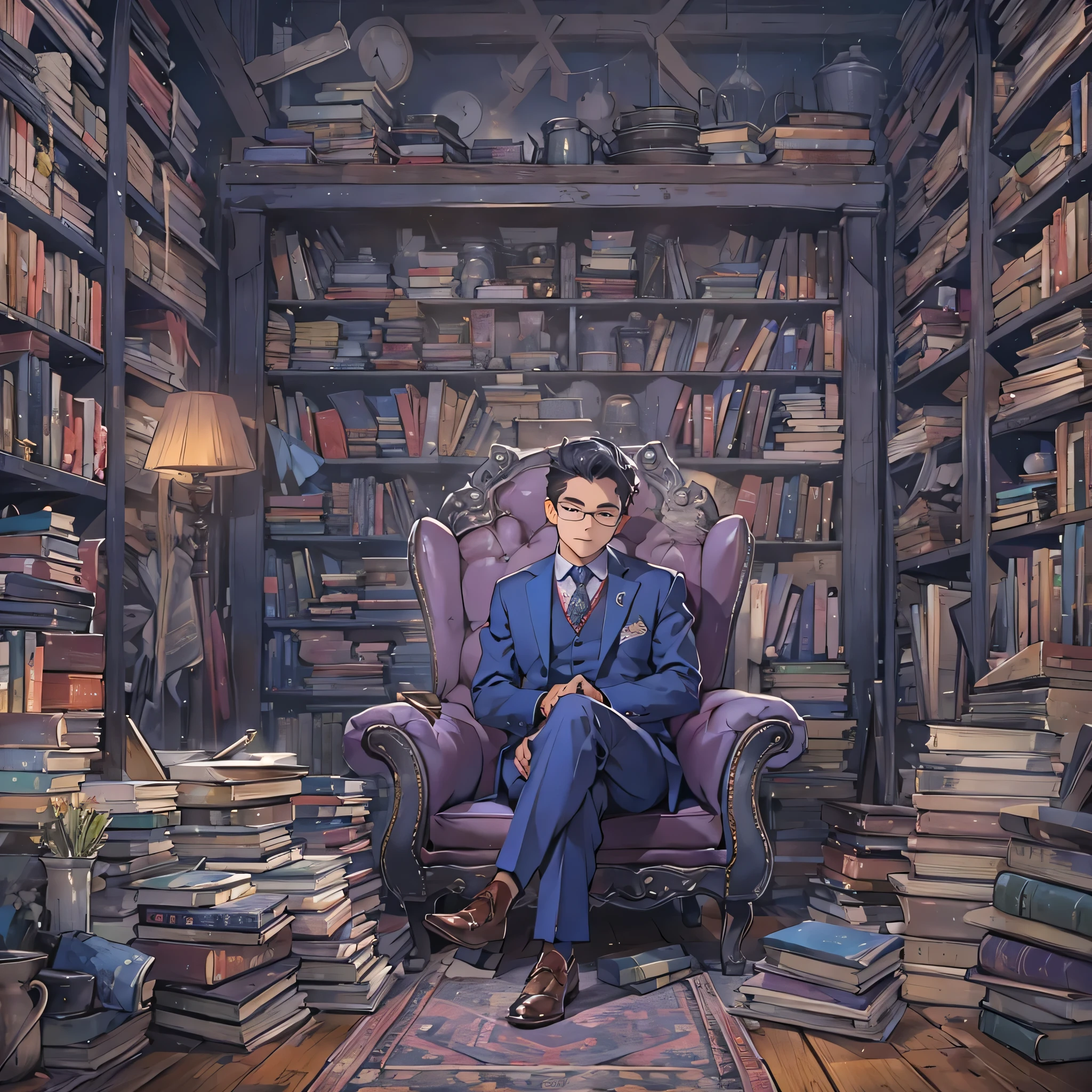 In the image of an MBTI architect、Create an image of a man in a purple suit surrounded by books in his room.。