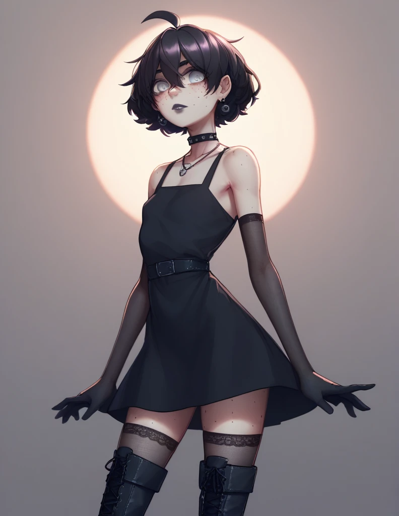 1 girl, alone, ppka, black fur, short hair, messy fur, Ahoge, parts, parts en todo el cuerpo, grey eyes, blind eyes, kind eyes, kind look, sexy look, looking at the viewer, slight blush, 
black dress, dark dress, Gothic, short dress, vestido de detailed suoer, dressed with many accessories, arm warmer, black heater, black boots, gothic boots, black gloves, dark gloves, tight collar, black necklace, black earrings, long earrings, super long stockings, black stockings, transparent stockings, tights with holes, 
dark lipstick, shadows in the eyes, Freckles in the face, 
soft skin, human skin, Pale skin, 
dark environments, violet lights, dark lights, dark party,
retreading, Half-length portrait, detailed suoer, 