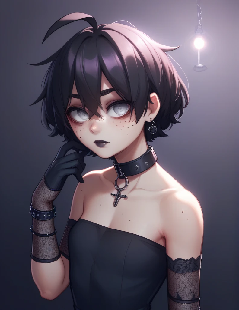 1 girl, alone, ppka, black fur, short hair, messy fur, Ahoge, parts, parts en todo el cuerpo, grey eyes, blind eyes, kind eyes, kind look, sexy look, looking at the viewer, slight blush, 
black dress, dark dress, Gothic, short dress, vestido de detailed suoer, dressed with many accessories, arm warmer, black heater, black boots, gothic boots, black gloves, dark gloves, tight collar, black necklace, black earrings, long earrings, super long stockings, black stockings, transparent stockings, tights with holes, 
dark lipstick, shadows in the eyes, Freckles in the face, 
soft skin, human skin, Pale skin, 
dark environments, violet lights, dark lights, dark party,
retreading, Half-length portrait, detailed suoer, 