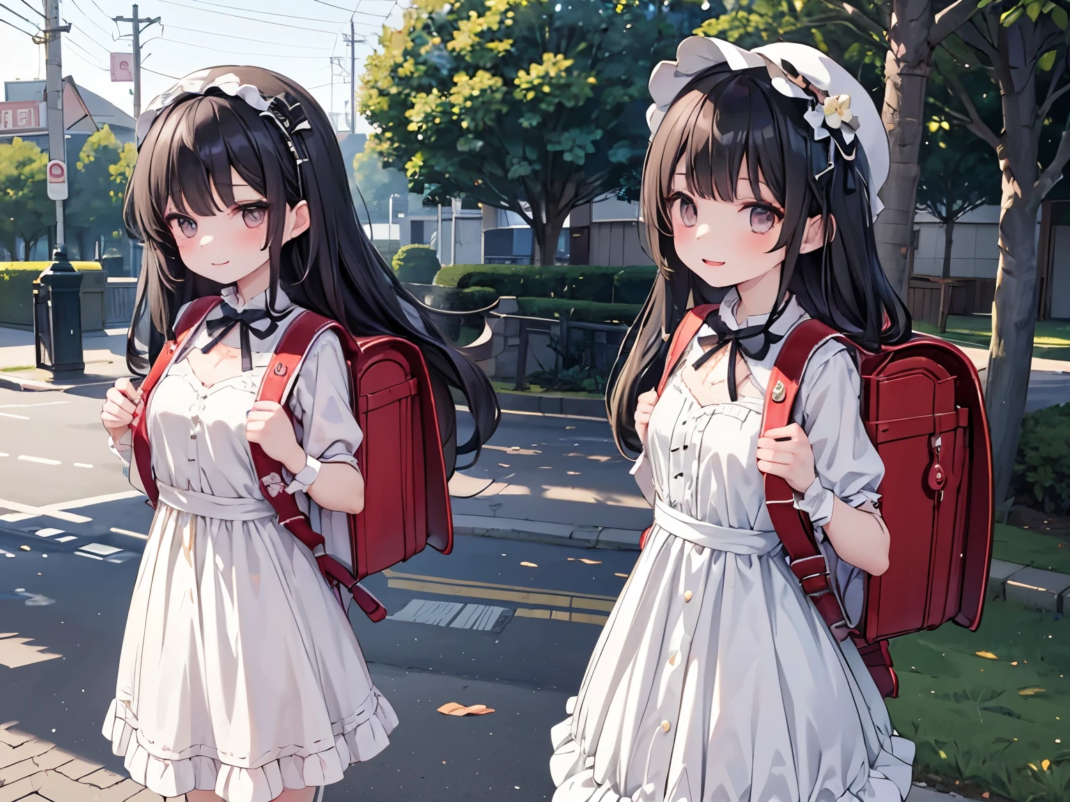 (2 girl) ((cute dress)) (lolita dress) (slender body) (thin body), (black hair) (black eyes) (white skin) happy and confident expression. full body, ((Location: park)) long hair, (standing in the background), short girl, long straight hair, thin legs, flat chest, flat breasts. (happy, smile, cheerful), wearing randoseru backpack, (backpack:1.2)