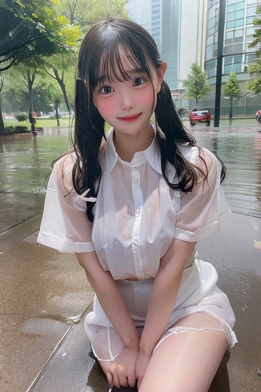 A -yeld elbig breasts is getting wet in the rain in the park、She is sitting with her tongue out, legs apart and blushing.。The eyes are facing upwards and drooling。He is wearing a transparent shirt but no underwear.。