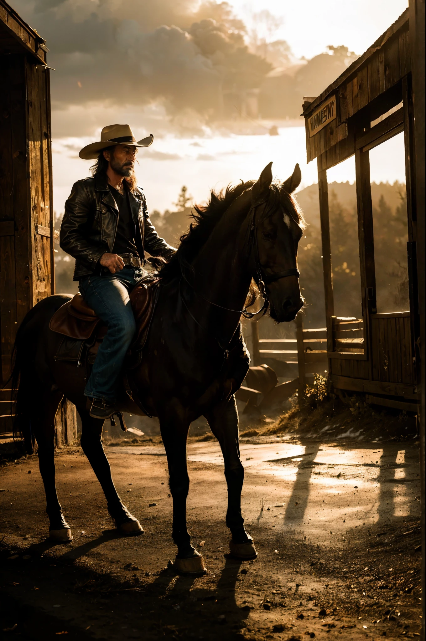 a rugged cowboy, clint eastwood, old west, retro style, cowboy hat, leather jacket, jeans, cowboy boots, dusty, gritty, sepia toned, cinematic lighting, dynamic pose, dramatic shadows, moody atmosphere, (best quality,4k,8k,highres,masterpiece:1.2),ultra-detailed,(realistic,photorealistic,photo-realistic:1.37),cinematic composition,cinematic lighting,dramatic contrast
