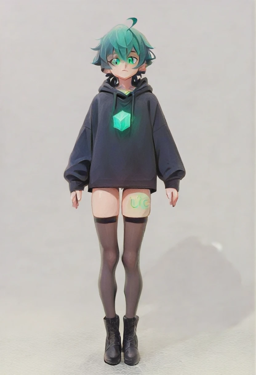 IC0n,short hair, ahoge, long twin tails, green eyes, black hoodie, black thighhighs, black boots,glowing green cube on chest, glowing green tattoos on shoulder