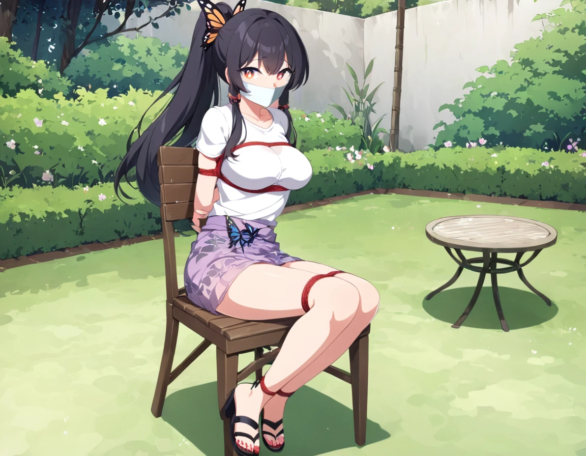 score_9, score_8_up, source_anime, 1girl, solo,The photo shows a young person standing outdoors,  They are smiling and wearing a white t-shirt with a design featuring a rabbit and text, paired with a patterned purple sarong or long skirt and sandals. The background appears to be a garden or a green outdoor area..(bound wirsts), (arms behind back), (tapegag, tape gag), dramatic,  (looking at viewer), (detailed pupils:1.3), ,red rope, thick rope,normal breast,full body ,long hair,black hair,ponytail hair, butterfly hair tie,sitting on park chair