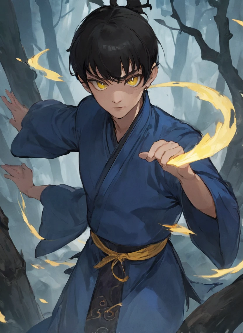 young man ,Male Dark, dark Woods, dark blue colors, monk dnd, man black hair with yellow eye, kungfu costume style,