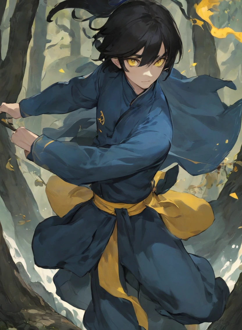 young man ,Male Dark, dark Woods, dark blue colors, monk dnd, man black hair with yellow eye, kungfu costume style,