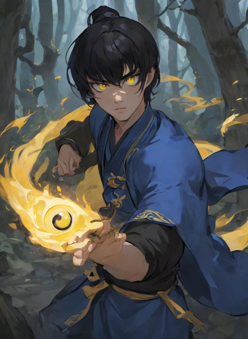 young man ,Male Dark, dark Woods, dark blue colors, monk dnd, man black  hair with yellow eye, kungfu costume style, 